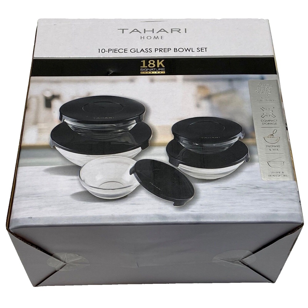 TAHARI HOME Glass Nesting Bowl Set Stackable 10-Pc Kitchen Cooking Baking NEW